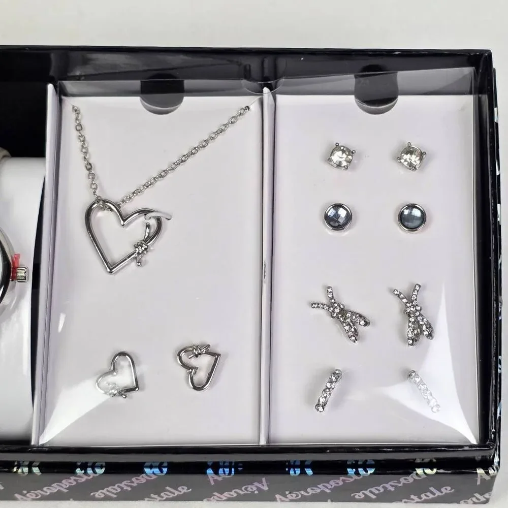 Aeropostale Watch Jewelry Set Necklace Earrings Silver Tone Heart